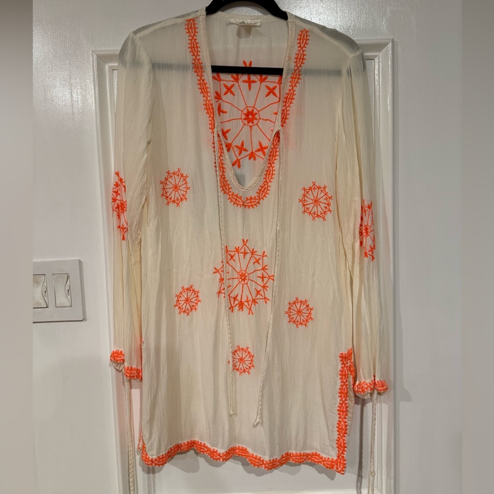 Embroidered Cream and Orange Swim Coverup